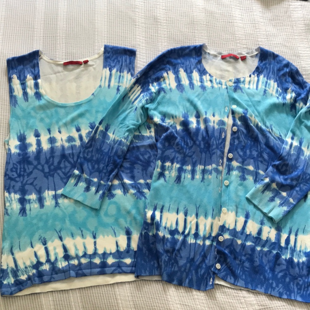 2 pc set- Blue & White tie dye cardigan sweater & tank set